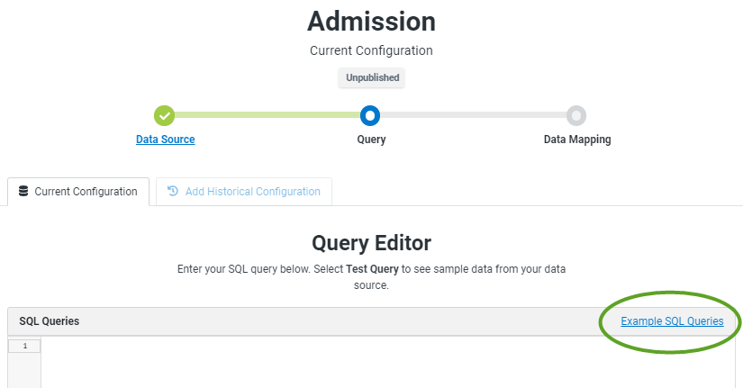 Query editor page for an entity showing the link to the example queries. 